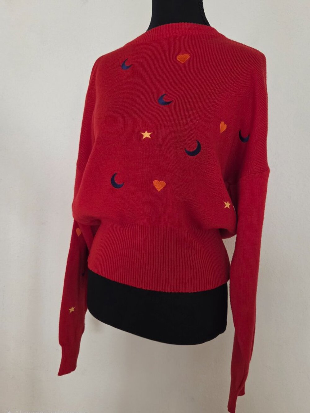 Vintage Meister Celestial Wool-blend Sweater Embroidered Moons, Stars, Hearts